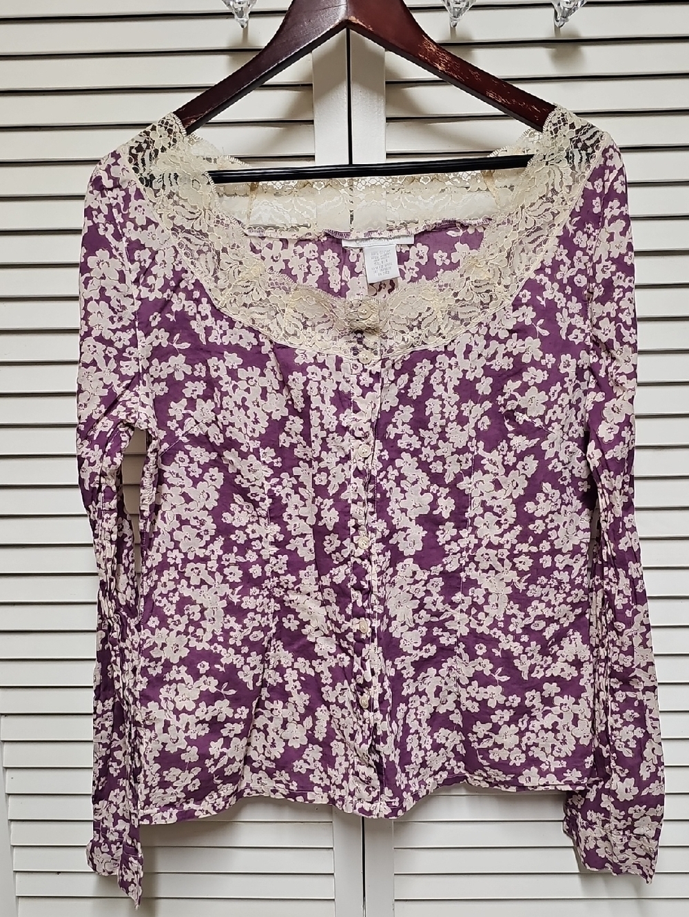EUC Vintage Charlotte Russe Purple Floral Lace-Trim Button Front 100% Cotton